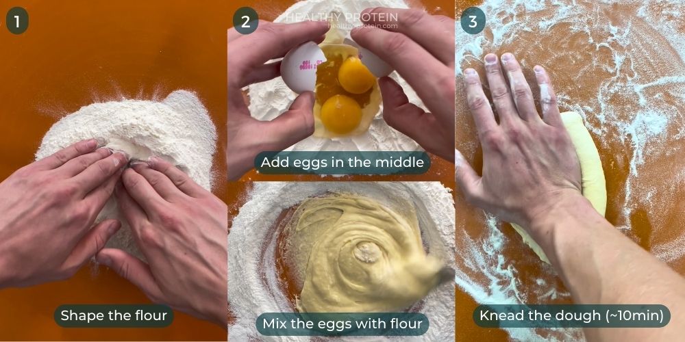 Place all of the flour on a work surface crack the eggs mix it together with fork and knead the dough for 10-minutes