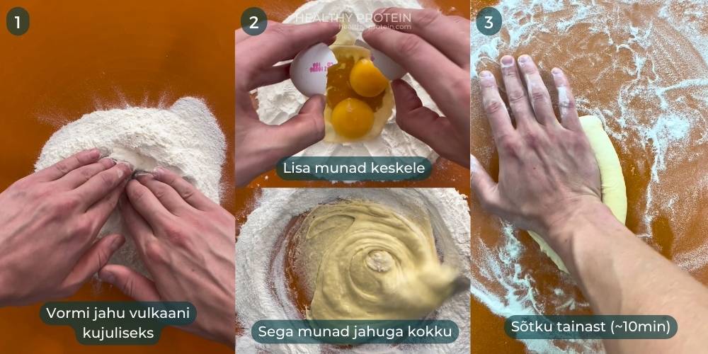 Place all of the flour on a clean work surface, crack the eggs, mix it together with fork and knead the dough for 10 minutes
