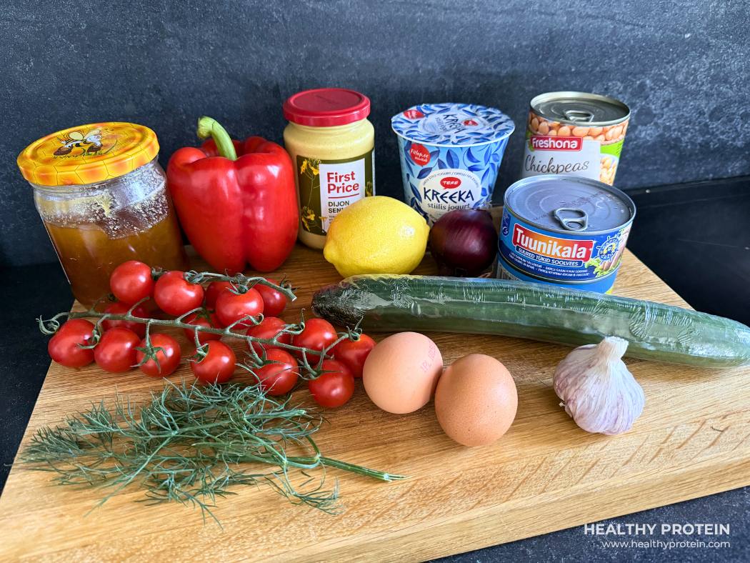 varske tuunikala salat munaga koostisosad milleks tomat, muna, paprika,kikerherned jpm